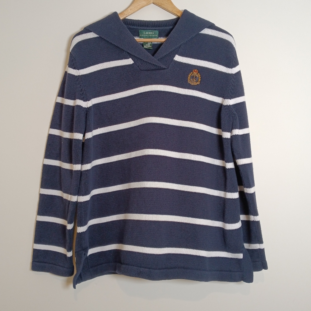 Ralph Lauren Thick Cotton Navy White Stripe Pullover Sweater w/ Sailor Collar